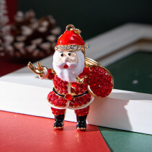 (red) New Christmas Series Rhinestone Santa Claus Keychain Pendant Metal Small Gift Ornament