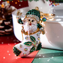(green) Korean Style Santa Claus Rhinestone-Encrusted Keychain Metal Pendant Cute Cartoon Bag Charm