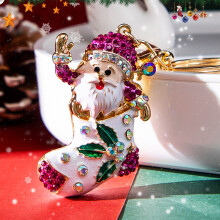 (Rose Red) Korean Style Santa Claus Rhinestone-Encrusted Keychain Metal Pendant Cute Cartoon Bag Charm
