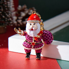 (Rose Red) New Christmas Series Rhinestone Santa Claus Keychain Pendant Metal Small Gift Ornament