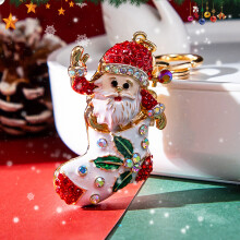 (red) Korean Style Santa Claus Rhinestone-Encrusted Keychain Metal Pendant Cute Cartoon Bag Charm
