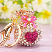 (Rhinestone Heart Lucky Bag in Rose Red) Pearl Heart Lucky Bag Car Keychain Women's Cute Creative Bag Pendant Metal Keychain Ring Gift