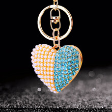 (A525 Double-sided Pearl Heart Sky Blue) Pearl Heart Lucky Bag Car Keychain Women's Cute Creative Bag Pendant Metal Keychain Ring Gift