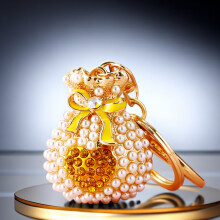 (Yellow Pearl Heart Lucky Bag) Portachiavi da auto con ciondolo a forma di cuore e perla, borsa portafortuna, ciondolo in metallo, regalo per donna.
