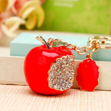 (Big Red Apple) Chinese Lucky Bucket Treasure Bowl Car Keychain Bag Pendant for Women Cute Creative Metal Gift