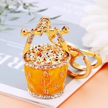 (New Yellow Lucky Bucket) Chinese Lucky Bucket Treasure Bowl Car Keychain Bag Pendant for Women Cute Creative Metal Gift