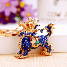 (Blue Lucky Qilin) Chiński brelok do kluczy z wiaderkiem na szczęście, misą skarbów, torebką dla kobiet, uroczym, kreatywnym metalowym prezentem