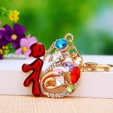 (Colored diamond "Fu" character) Chinese Lucky Bucket Treasure Bowl Car Keychain Bag Pendant for Women Cute Creative Metal Gift