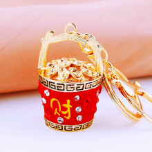 (Red Lucky Bucket) Chinese Lucky Bucket Treasure Bowl Car Keychain Bag Pendant for Women Cute Creative Metal Gift