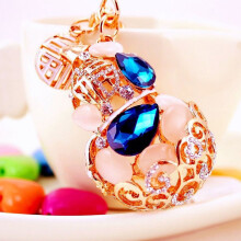 (Classic gourd-shaped blue) Chinese Lucky Bucket Treasure Bowl Car Keychain Bag Pendant for Women Cute Creative Metal Gift