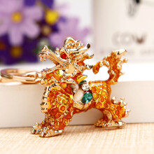 (Yellow Lucky Qilin) Chinese Lucky Bucket Treasure Bowl Car Keychain Bag Pendant for Women Cute Creative Metal Gift