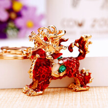 (Lucky Qilin Wine Red) Chinese Lucky Bucket Treasure Bowl Car Keychain Bag Pendant for Women Cute Creative Metal Gift