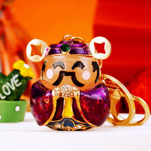 (Purple God of Wealth) Chinese Lucky Bucket Treasure Bowl Car Keychain Bag Pendant for Women Cute Creative Metal Gift