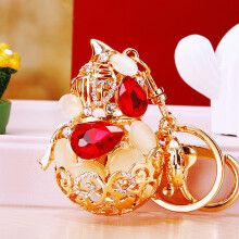 (Classic gourd red) Chinese Lucky Bucket Treasure Bowl Car Keychain Bag Pendant for Women Cute Creative Metal Gift