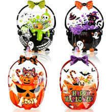 (24 Halloween Bags) Halloween-Süßigkeitentüten, 24 Stück, flache, wiederverschließbare Plastikbeutel mit Henkel
