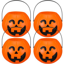 (Orange, Black, 4) Beeveer 4er-Set Kürbiseimer aus Kunststoff, Halloween-Süßigkeitenkörbe, Smile