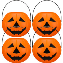 (Orange, Black, 4) Beeveer 4er-Set Kürbiseimer aus Kunststoff, Halloween-Süßigkeitenkörbe, Smile