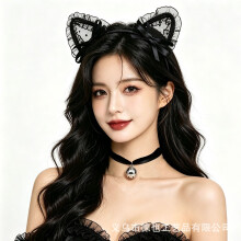 (Polka dot headband and bell two-piece set) Halloween Party Accessories Lace Cat Ears Headband Bell Collarbone Chain Masquerade Cosplay Costume Set
