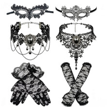 (Six-piece set) Halloweenfesttillbehör Spets Kattöron Pannband Bell Nyckelben Kedja Maskerad Cosplay Kostym Set