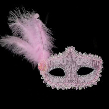 (Pink side feathers) Luxury Venetian Half Face Carnival Mask Kit with Leather Feather Cap Halloween Christmas Party