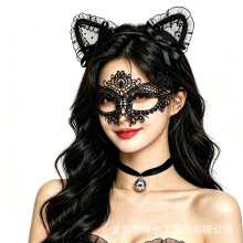 (Polka dot cat ear three-piece set) Halloween Party Accessories Lace Cat Ears Headband Bell Collarbone Chain Masquerade Cosplay Costume Set