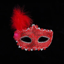 (Bright red side feathers) Luxury Venetian Half Face Carnival Mask Kit with Leather Feather Cap Halloween Christmas Party