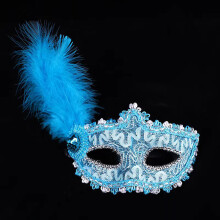 (Blue side feathers) Luxuriöses venezianisches Halbgesichtsmasken-Set mit Lederfederkappe für Halloween und Weihnachten