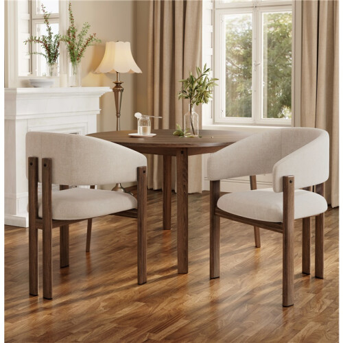 (Walnut, Linen) 2-Pack Metal Dining Chairs - Walnut & Linen