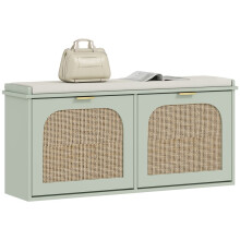 Boho Shoe Bench with Padded Seat and 2 Flip-Drawers - Light Green