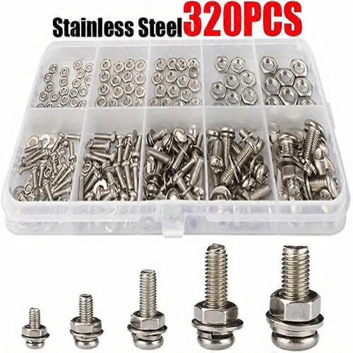 320pcs Stainless Steel Screws M2-M5 Dome Head Full Thread Right-Hand Silver for Construction & Auto