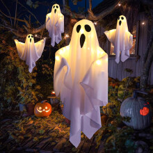 (White, Electronic) Halloween LED Decoration Light Glowing Ghost Hanging Light Spooky Room Atmosphere Decor Warm White/Multicolor 2-Pack