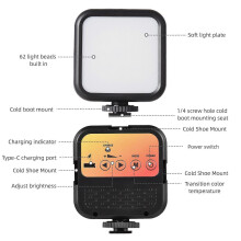 5W Pocket Led Light Mini Video Lamp Bi-color Photography Light with 3 Cold Shoe Mounts & 1/4in Screw Hole 62Pieces Beads 3000K-7000K Color Temperature