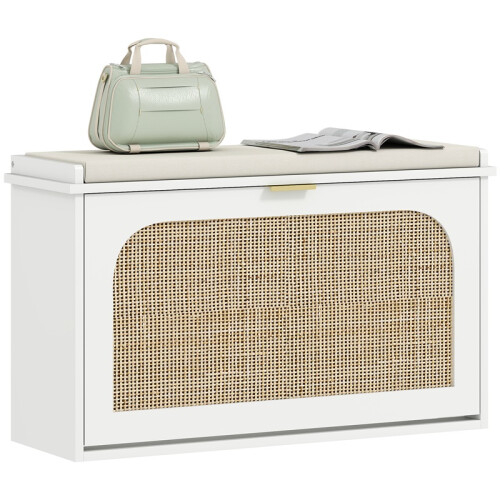 Boho Shoe Bench with Padded Seat and Flip-Drawer - White