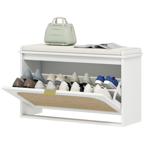 Boho Shoe Bench with Padded Seat and Flip-Drawer - White 1