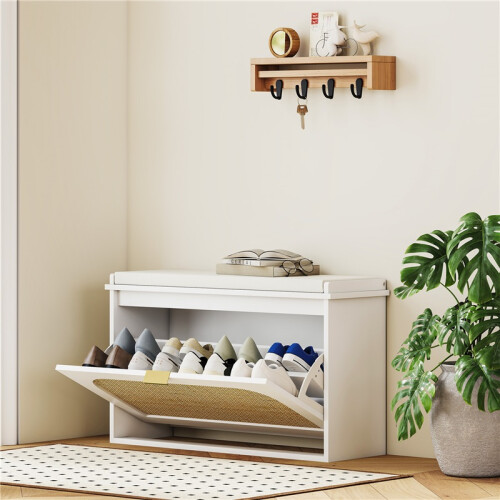 Boho Shoe Bench with Padded Seat and Flip-Drawer - White 2