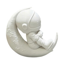 (White) 3D Printed Moon Astronaut Figurine – Sitting on Crescent – for Desk & Bookshelf Decor