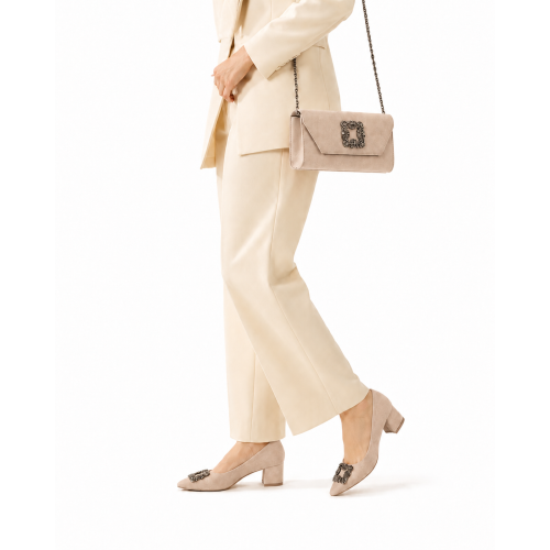 (41, Beige) Low Heels Matching Shoes and Bag Set