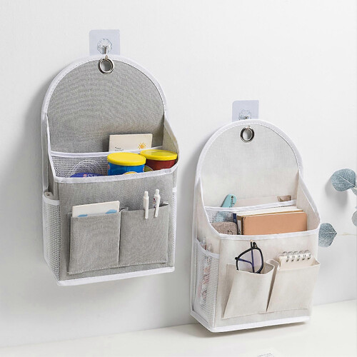 (Beige) Wall Hanging Storage Bag – with Pockets – for Bedside Dormitory 1