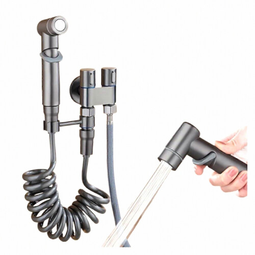 Solid Brass Angle Valve Wall Mount Bidet Sprayer Set, 1 In 2 Out Water Cleaning Sprayer, Grey