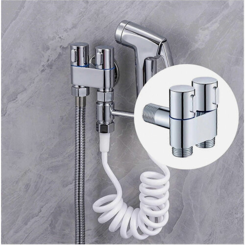 Solid Brass Angle Valve Wall Mount Bidet Sprayer Set, 1 In 2 Out Water Cleaning Sprayer, Grey 1