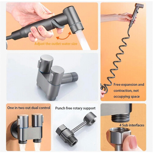 Solid Brass Angle Valve Wall Mount Bidet Sprayer Set, 1 In 2 Out Water Cleaning Sprayer, Grey 2
