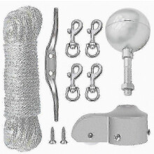 Kit de réparation pour mât de drapeau, drisse de 15 m, boule argentée de 7,6 cm, taquet en alliage de zinc de 15,2 cm, 4 mousquetons pivotants en