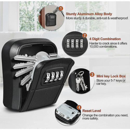 Wall Mounted Mini Outdoor Key Safe with Resettable 4 Digit Code, Waterproof Key Box for Home Use 2