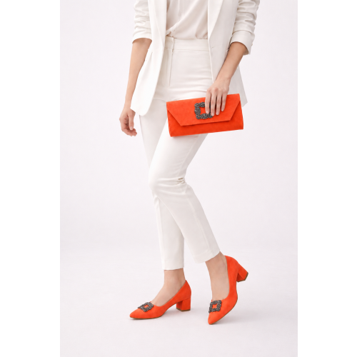 (36, Orange) Low Heels Matching Shoes and Bag Set