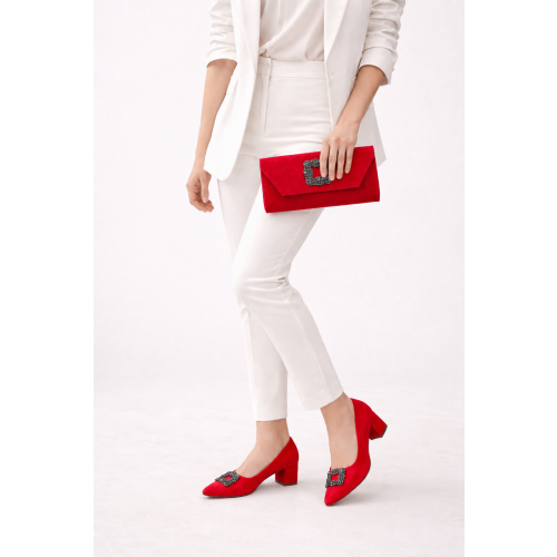 (35, Red) Low Heels Matching Shoes and Bag Set 1