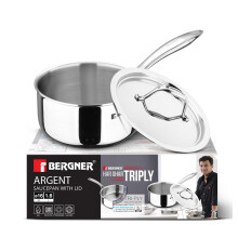 Bergner Argent Triply Saucepan With Stainless Steel Lid, 16Cm / 1.6 Litres Teapan/Milkpan, Stay Cool Cast Handle, Food Safe, Healthy Cooking, Durable,