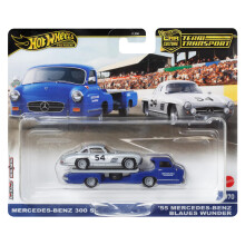 Hot Wheels Premium Team Transport, Mercedes-Benz 300 Sl And '55 Mercedes-Benz Blaues Wunder, Die-Cast Collectible Set, 1:64 Scale,Blue And Silver