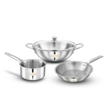 Greenchef Stainless Steel Tri Ply Stainless Steel Crest Combo (Kadhai 22Cm With Glass Lid, Frypan 22Cm, Saucepan 14Cm) Exterior Surface, Induction Com