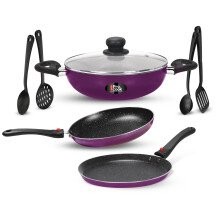 Milton Pro Cook Induction Cookware & Gas Stove Friendly Kitchen Jewel 7 Pc Non Stick Cookware Set | Fry Pan | Kadhai With Glass Lid | Dosa Tawa | Dura