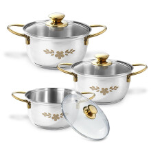 Wonderchef Gold Stanton Stainless-Steel 3 Pc Casserole Set With Glass Lid For Kitchen & Dining, Gas Stove & Induction Friendly, 1.6L, 2.3L, 3.1L, Perf